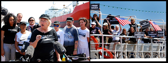  Retired Colonel Ann Wright, left, speaks to the press and while her fellow CD activists make their case on the boat's deck.